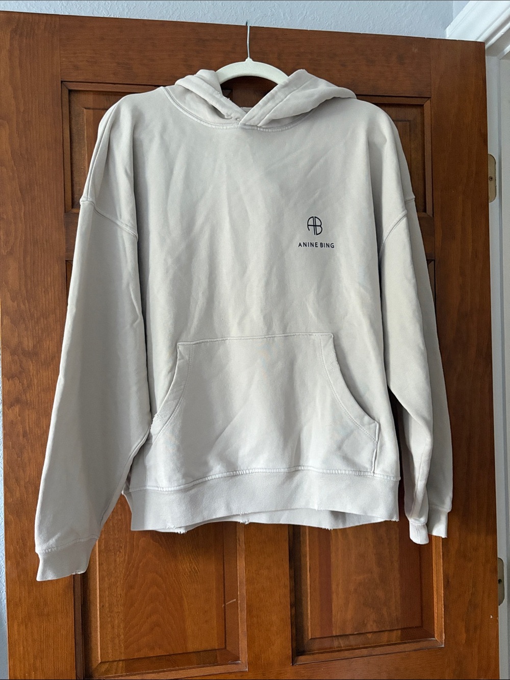 Anine Bing Cream Logo Pullover With Distressed Hoodie.